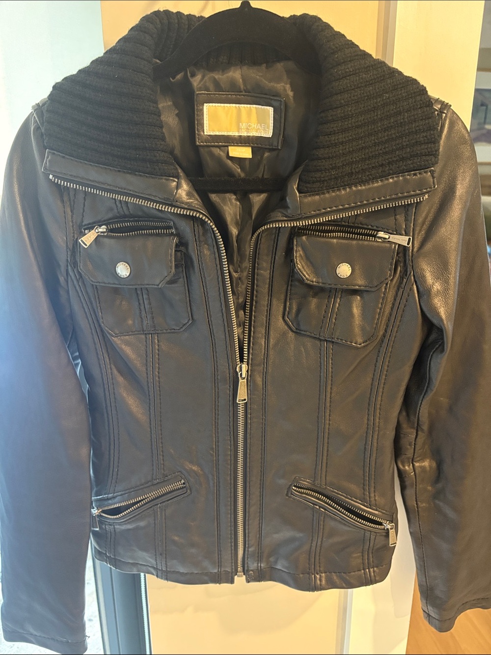 Michael Kors Black Leather Jacket with Ribbed Knit Collar